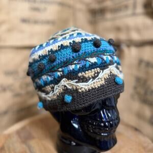 Newari Nepal Wool Knit Beanie Blue Pom Icelandic Design Hat Fleece Lined L/XL